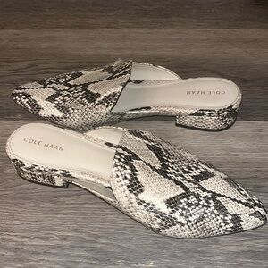 COLE HAAN: Snake Print Kitten Mules